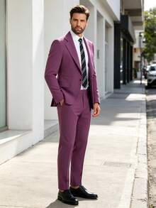 Men's Slim Fit Single-Breasted Solid Color TR Fabric Suit Jacket, Elegant Formal Blazer, Suitable For Office, Business, Wedding And Party - Purple - View 3