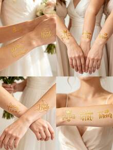 10 pièces Autocollants de tatouage temporaire doré métallique, tatouages de bras brillants et imperméables pour enterrement de vie de jeune fille, douche nuptiale, cadeaux de demoiselle d'honneur de mariage, accessoires de vacances, cadeaux de décoration artisanale, ensemble de fête - Doré - Voir 3