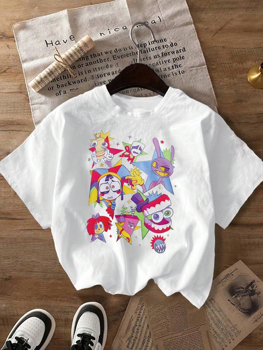 Plus Size Women's 90s Retro Print T-Shirt – Casual Short-Sleeve Crew Neck Top Suitable For All Seasons, Featuring Cartoon Graphic White Summer - White - View 1