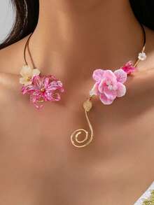 1 Stück zartrosa Farbverlauf Blumen asymmetrischer Schmetterling Blumen Spirale offener Hals Kragen Nischen Urlaub Schlüsselbein Halskette - Blumenhalsband - Übersicht 4