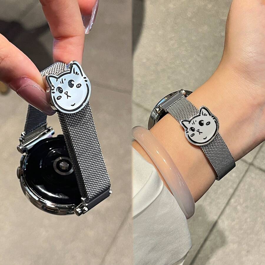 18mm, 20mm, 22mm Smart Watch Band, Women's Cute Replacement Strap, /Hello Dog Pattern Silver Metal Milanese Ultra-Thin Breathable, Durable, Suitable For Samsung Galaxy, Magnetic Buckle, Waterproof And Sweat-Resistant, Versatile Watch Accessory
