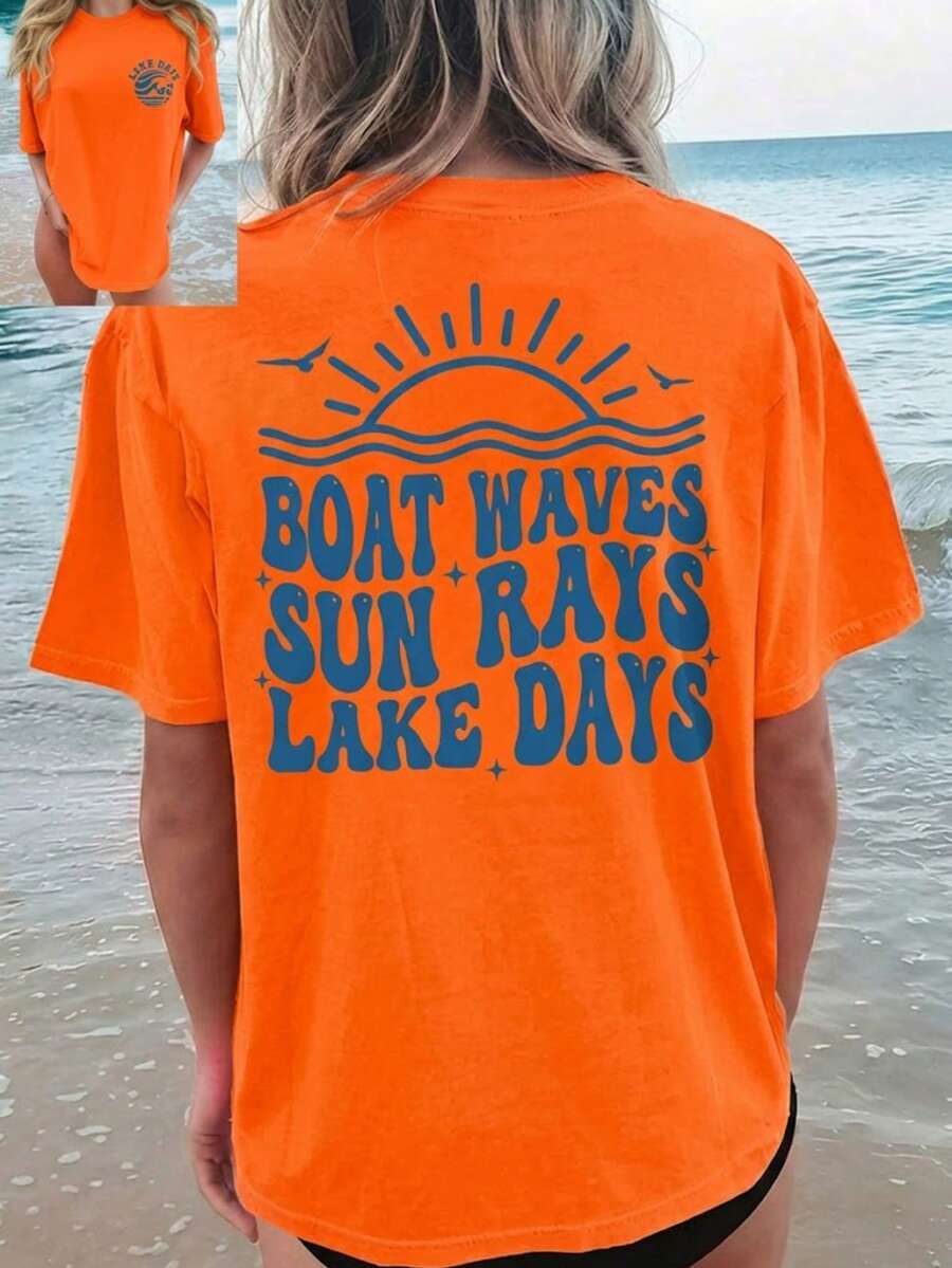 Cotton T-Shirt-[Double-Sided Print]Boat Letter Print Short-Sleeve Round Neck T-Shirt-Short Sleeve Crew Neck T-Shirt-Vacation Outfits Women-Summer Tops - 橘色 - 查看 1