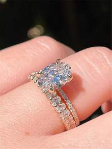 2PCS Luxury Elegant Style Alloy Inlaid Cubic Zirconia Ring Set, European And American Women's Fashion Engagement Wedding Gift High-End Jewelry Accessory, Niche Design Jewelry - Gold - View 3