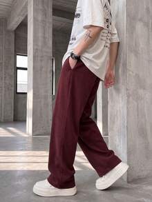 GRDR Men's Casual Elastic Waist Drawstring Loose Drapey Corduroy Wide Leg Long Pants - Burgundy - View 4
