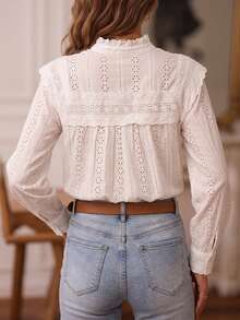 ii Blusa de mujer de unicolor con bordado calado, estilo vacaciones, color blanco primaveral - Blanco - Ver 4