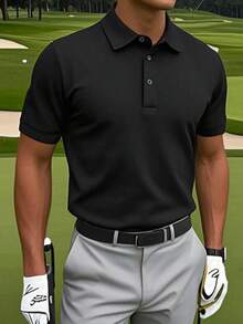 Men's Solid Color Short Sleeve Polo Shirt, Casual Fashion, Suitable For Daily Wear - Black - View 1
