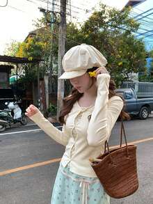 Women's Summer Design 2 In 1 Slim Fit Knit Long Sleeve T-Shirt Casual - Apricot - View 4