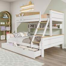 Double Bed Frame With Windmill, With Shelves, Children's Bed, With Colorful Safety Net, With 4-Step - Natural and White - 查看 2