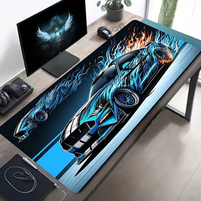 1pc XXL Cool Dual-Flame Livery On A Blue Car Gaming Mouse Pad–Multiple Sizes (21x26 / 30x60 / 30x80 / ​​40x90 Cm),2mm Thickness Non-Slip Bottom,Stitched Edges, Office Desk Accessories,University Essentials,Dorm Room Study Mat, Laptop Desk Protector