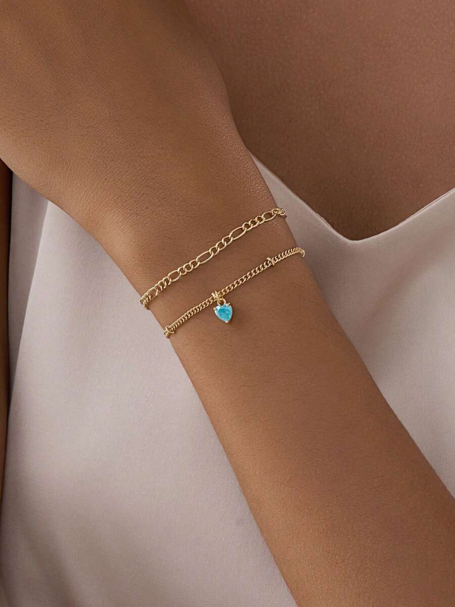 2pcs/Set Original Unique Heart-Shaped Zirconia Bracelet Layered Bracelet Set For Women - Yellow Gold - View 1