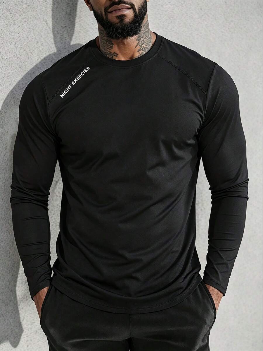 Kaos Olahraga Pria, Atasan Lari dan Latihan Kebugaran Warna Hitam - Hitam - View 1