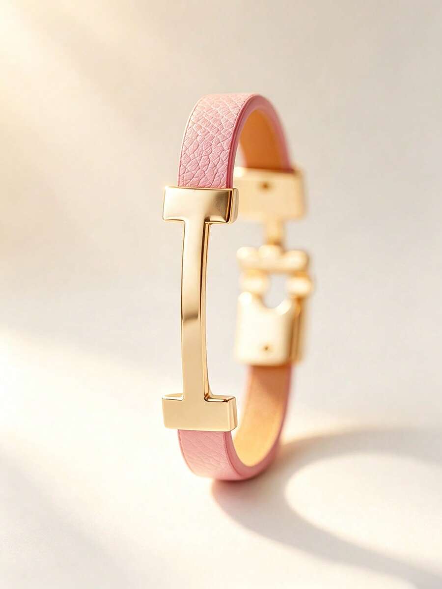 1pc Fashion Exquisite Gold Letter PU Personalized Elegant Women's Bracelet Bangle, Gift For Girlfriend Jewelry - Pink - View 1
