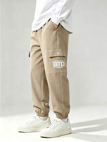 Boys' Spring/Summer Solid Color Cargo Jogger Pants, Khaki/Black, Durable Drape Fabric With Letter Print And Cargo Pockets, Multi-Color Options, Versatile Streetwear For Daily Outings, School Activities, And Outdoor Leisure - Multicolor - View 4