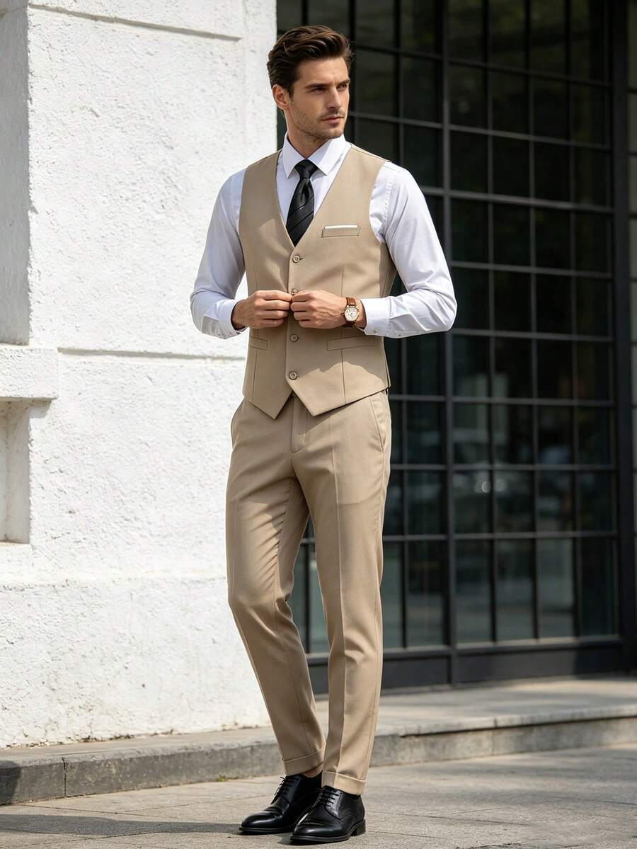 Men's 4-Piece Suit Set, Elegant Solid Color Slim Fit Gentleman Vest, Pants, Tie Set, Business Commute, Wedding, Party, Ball - Champagne - View 1