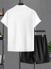 Conjunto de camisa y pantalones cortos de 2 piezas para hombre talla grande, manga corta, unicolor, lavable a máquina, talla grande - Blanco y Negro - Ver 4
