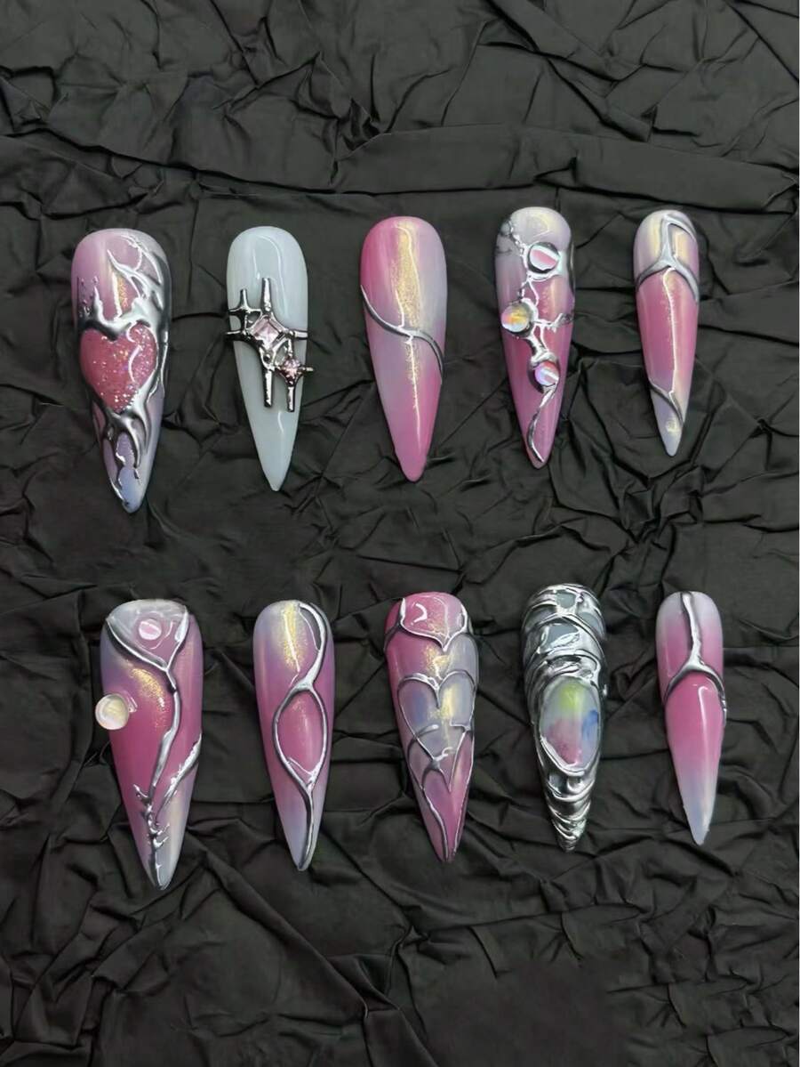 10pcs Handmade Nail Stickers, Pink Nails, Fake Nails, Summer Nails, Decorative Reusable Fake Nails, Women's Gift, Suitable For Girls And Women To Wear At Parties And Daily