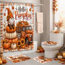 1/4pcs Vintage Pumpkin Truck Fall Harvest Heat-Insulating Home Decor Bathroom Shower Curtain With 12 Hooks For All Scenarios, Rustic Country Farmhouse Decoration, 4pcs Include: 1pc Shower Curtain 150*180cm+180*180cm+180*200cm - Pumpkin Farm - View 9