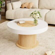 Round Coffee Table With Grooved Cylindrical Base, Table With Two-Tone White And Wood Color Tabletop Made Of MDF And PVC, Living Room Table, Compact Side Table For Small Apartments. - Natural Wood + White - View 3