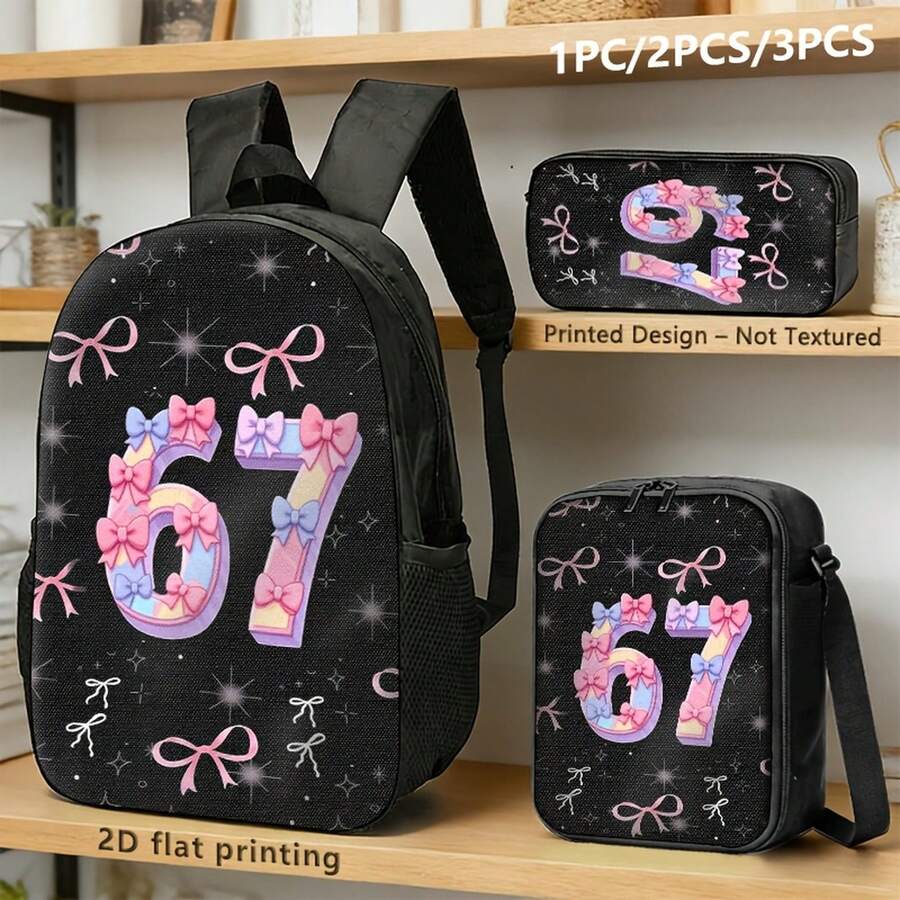 Bedrucktes Design - ohne Textur, 3-teiliges Set: schwarzer Rucksack, Umhängetasche und kleine Tasche, mit rosa Schleife und 2D-Druck "67", Sternenhimmel-Hintergrund; süßes und charmantes Design, geeignet für ju - 3 Stück - Übersicht 1