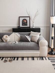 1pc Nordic Style Solid Color Minimalist Versatile Sofa Cushion, Lace Trim & Pom Pom Decor, All-Season Non-Slip Sofa Cover, Machine Washable, Pet-Friendly, Suitable For Single, Double, Triple, Quadruple And Sectional Sofas, Jacquard Craft, Home Decor - Dark Grey - View 2