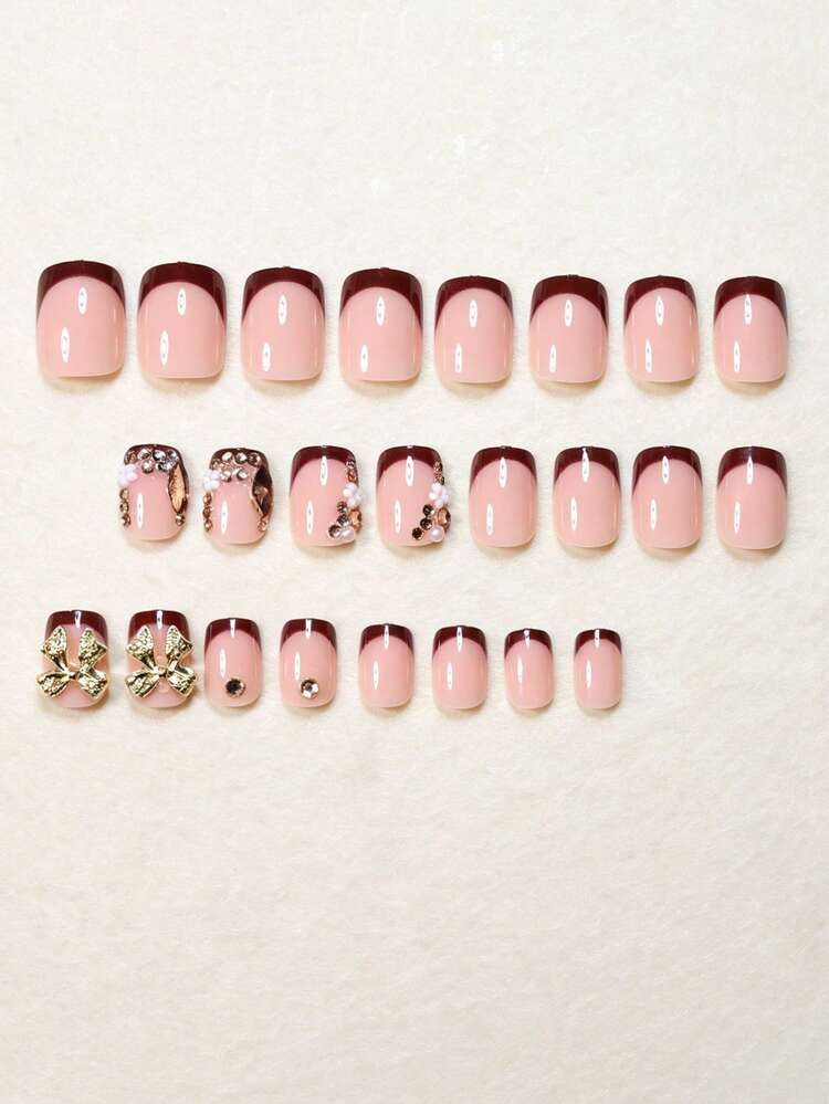 24pcs Short Square Luxury Red French 3D Gold Bow Diamond White Flower Champagne Gold Rhinestone Design Full Cover Fake Nails With 1pc Jelly Glue And 1pc Mini Nail File, Jelly Glue Randomly Sent - Burgundy - View 3