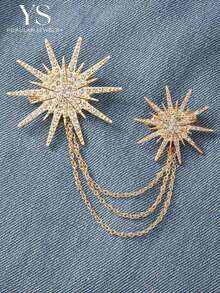 1 pieza Broche en forma de estrella de ocho puntas con diamantes incrustados, conjunto de broche con borla creativo para uso diario informal - Amarillo Oro - Ver 1