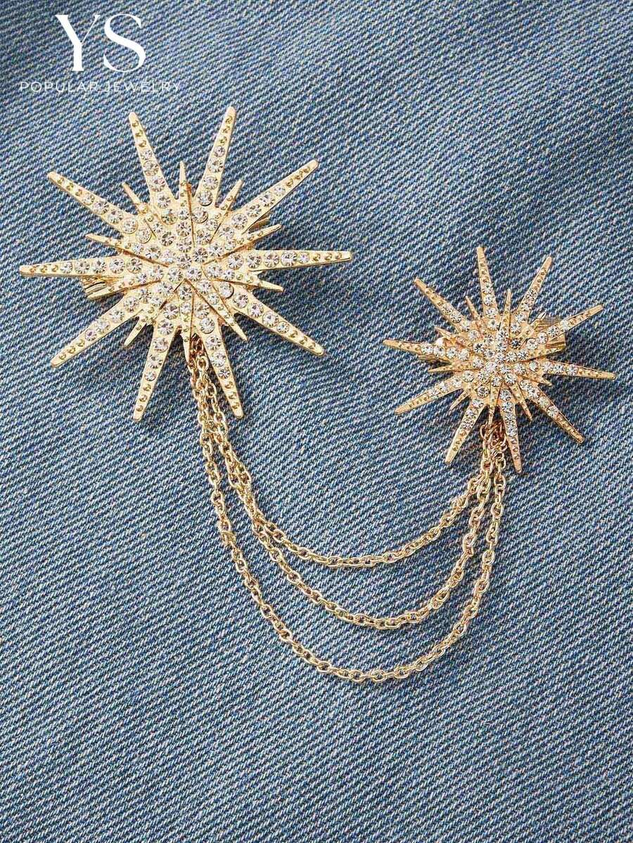 1 pieza Broche en forma de estrella de ocho puntas con diamantes incrustados, conjunto de broche con borla creativo para uso diario informal - Amarillo Oro - Ver 1