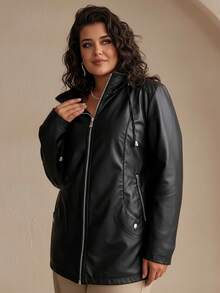 Plus Size Women's Hooded Pocket Jacket, Loose Fit, Suitable For Outdoor Activities - Black - View 4