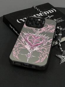 1pc Pink Thorn Heart Cross Skull Wing Pattern IMD Gradient Matte Laser Raised Lens Frame Anti-Drop Full Coverage Hard Shell Phone Case Without Lanyard Compatible With All Apple Models, Y2K Dark Gothic Sweet Cool Niche Hot Girl Ins Style Phone Protective Cover - Silver - View 5