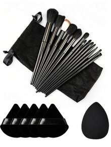 13-Piece Makeup Brush Set + 2 Random Color/Shape Makeup Sponges And Powder Puffs, Soft Makeup Tools Suitable For Eyeshadow, Foundation, BB Cream, Concealer, Blush, Powder, Makeup Brush Set For Women, Makeup Brush Combination, Makeup Brush Gift Box, Random Color - Black - View 10