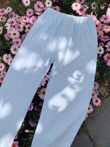 Women's Summer Lightweight Breathable Casual Pants, Light Blue Elastic Waist Drawstring Loose Drape Lazy Wide Leg Long Pants - Baby Blue - View 2