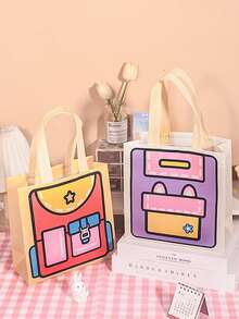 12/6/1pc Cartoon Backpack Print Tote Gift Bag, Fun Hand-Drawn Cartoon Printed Pattern, Pink Purple Blue Yellow Bright Color Palette, Fabric Tote Handle, Can Hold Books Water Bottles Lunch, School Tutoring Storage, Lunch Box Bag, Daily Outing Tote Storage Function, After-School Tutoring, Commuting, Outdoor Short Trips, Lunch Storage Scenarios Applicable - Multiple Styles - View 5