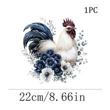 1/2/3 pezzi Decalcomania per trasferimento termico con gallo blu e bianco in stile inchiostro, corpo bianco con cresta rossa e piume della coda sfumate blu navy, circondato da crisantemi blu e bianchi argentati, foglie di eucalipto e rametti sottili, stampa fai-da-te vintage Morandi con fiori e uccelli in acquerello, adatta per magliette, camicie, borse in tela - Multicolore - Visualizzare 13