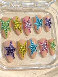 10pcs Pure Handmade Almond Multicolor Press On Nails, Y2k Vintage Cool Style, Nude Base, Colorful Rhinestone Five-Pointed Star Patterns For Women And Girls, Spring Summer Fall Winter Festivals Party And Daily Life Use - Multicolor - View 2