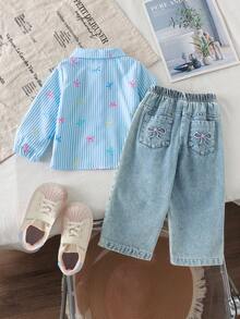 2pcs Baby Girl Casual Colorful Bow Print Striped Long Sleeve Cuffed Shirt & Back Pocket Embroidered Denim Pants Set, Thin For Spring/Autumn - Blue and White - View 3