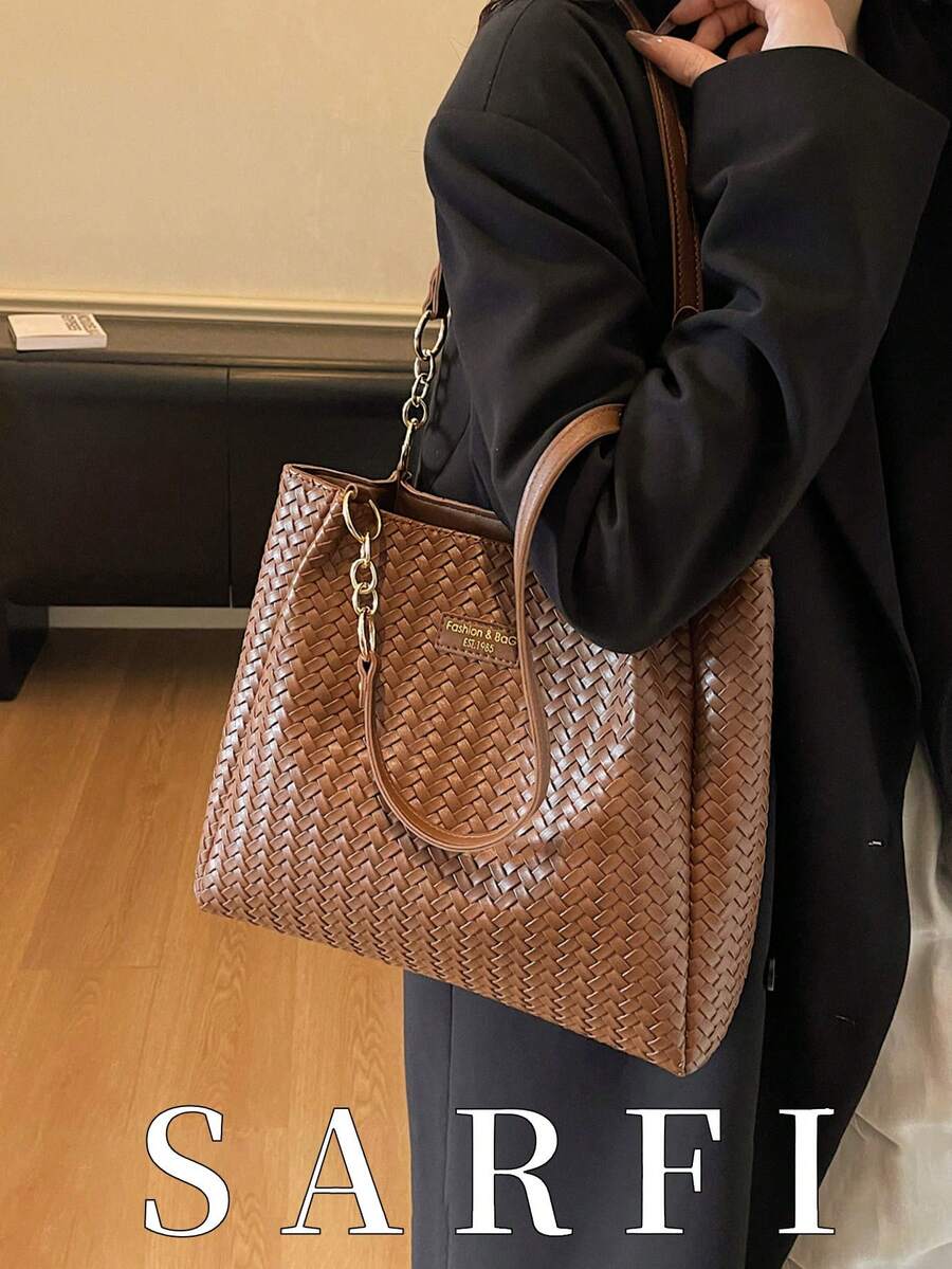 時尚百搭 PU 編織紋理設計女款托特包，現代極簡大容量收納單肩包/通勤包
