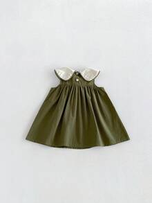 Miniweenns 1件嬰兒/幼兒女童學院風荷葉邊蝴蝶結復古公主無袖洋裝，夏季返校穿著（尺寸偏小） - 綠色 - 查看 5