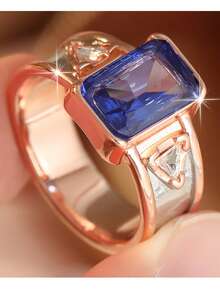 Gmzalx Cincin Fashion Mewah Wanita, Desain Persegi Panjang Biru Berkilau, Gaya Vintage Mewah, Cocok Untuk Perjalanan Sehari-hari dan Pesta - Dua warna - View 8