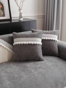 1pc Nordic Style Solid Color Minimalist Versatile Sofa Cushion, Lace Trim & Pom Pom Decor, All-Season Non-Slip Sofa Cover, Machine Washable, Pet-Friendly, Suitable For Single, Double, Triple, Quadruple And Sectional Sofas, Jacquard Craft, Home Decor - Dark Grey - View 6