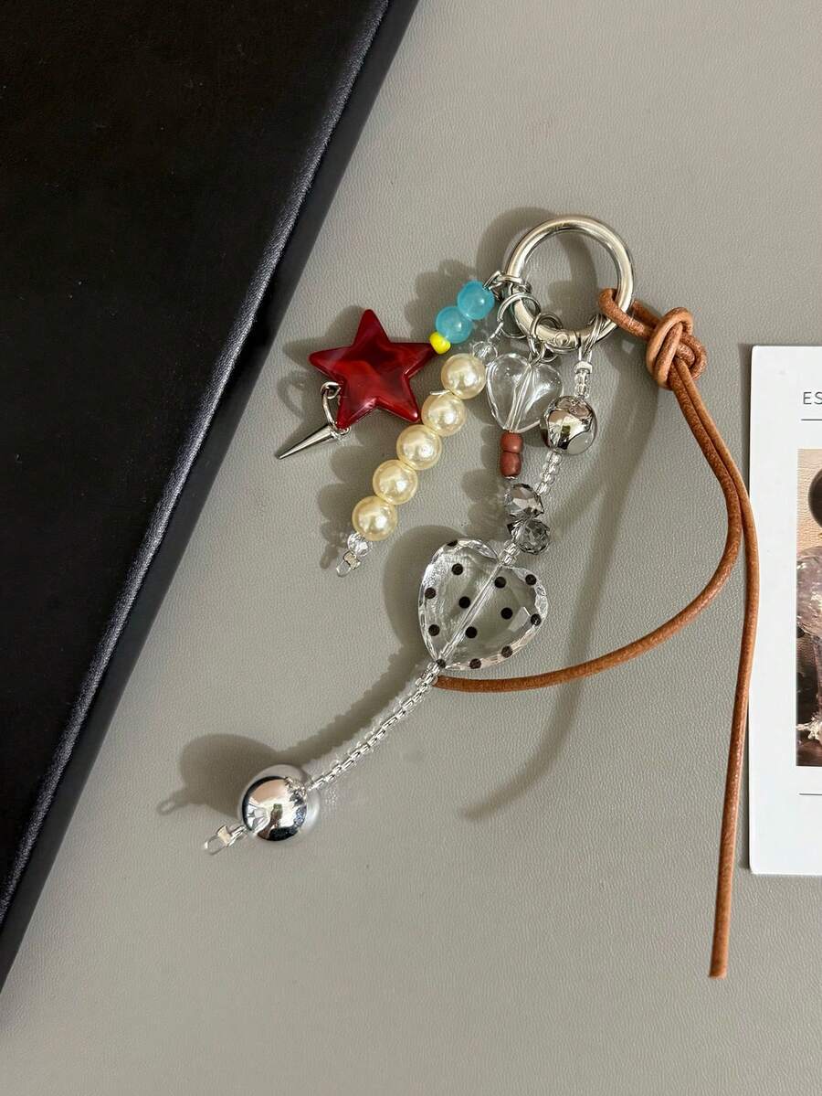 1pc Ins Dot-Shaped Stars Heart Phone Charm - Handmade Beaded Phone Chain For Hanging On Phone, Camera Anti-Loss Chain For Travel, Bag Pendant, Keychain, Apple A IrPods Pro Bluetooth Earphone Shell Hanging Chain, Holiday Gift For Women - Multicolor - View 1
