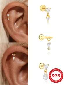 1pc 925 Sterling Silver Heart-Shaped Flat Back Stud Earrings, 18K Gold Plated, Hypoallergenic, Suitable For Cartilage, Helix, Lobe, Daily Wear - Gold - View 12
