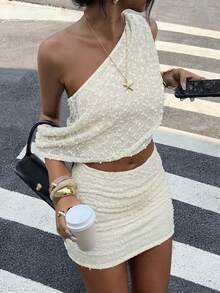Women's Sexy Asymmetric Neckline Ruched 2 Pieces Set, White Semi-Sheer Crochet Crop Top And Mini Skirt, Suitable For Summer Party - Apricot - View 7