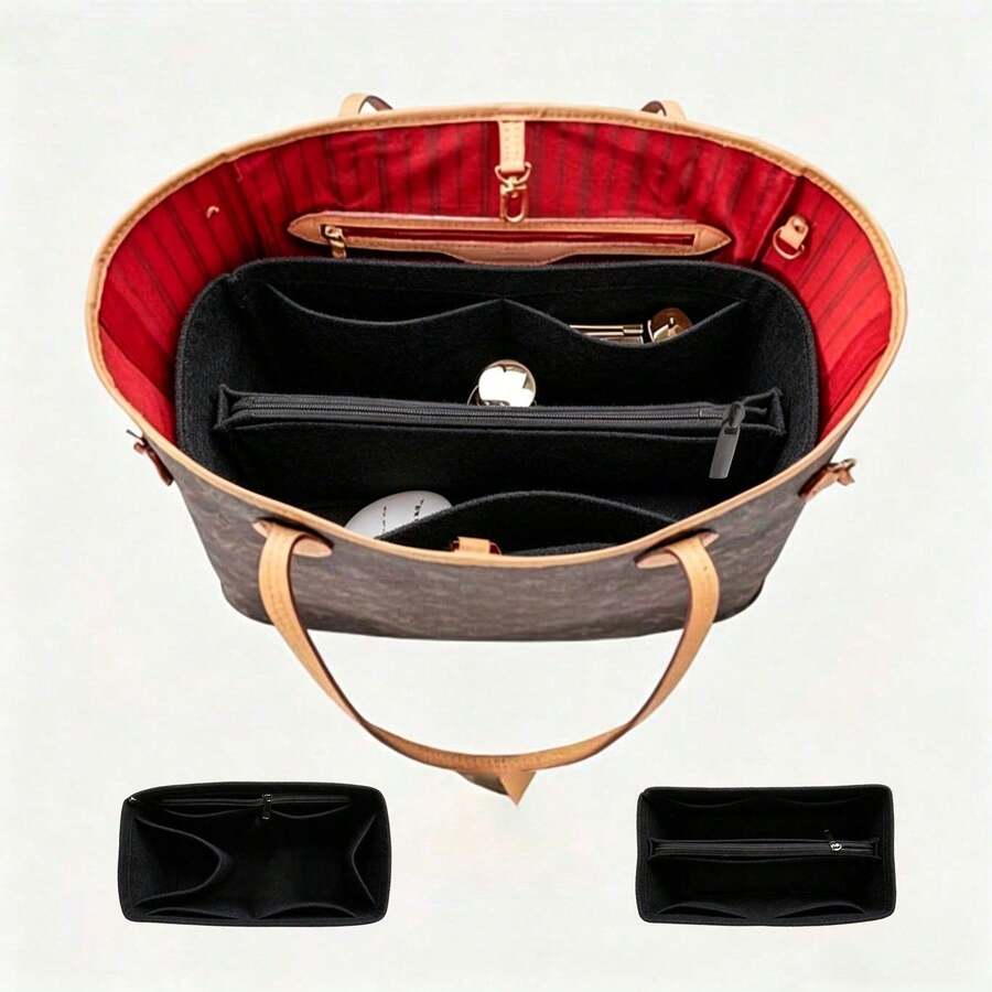 Organizador de bolso forrado de fieltro, bolsa de maquillaje de múltiples bolsillos, bolsa interior portátil para bolso
