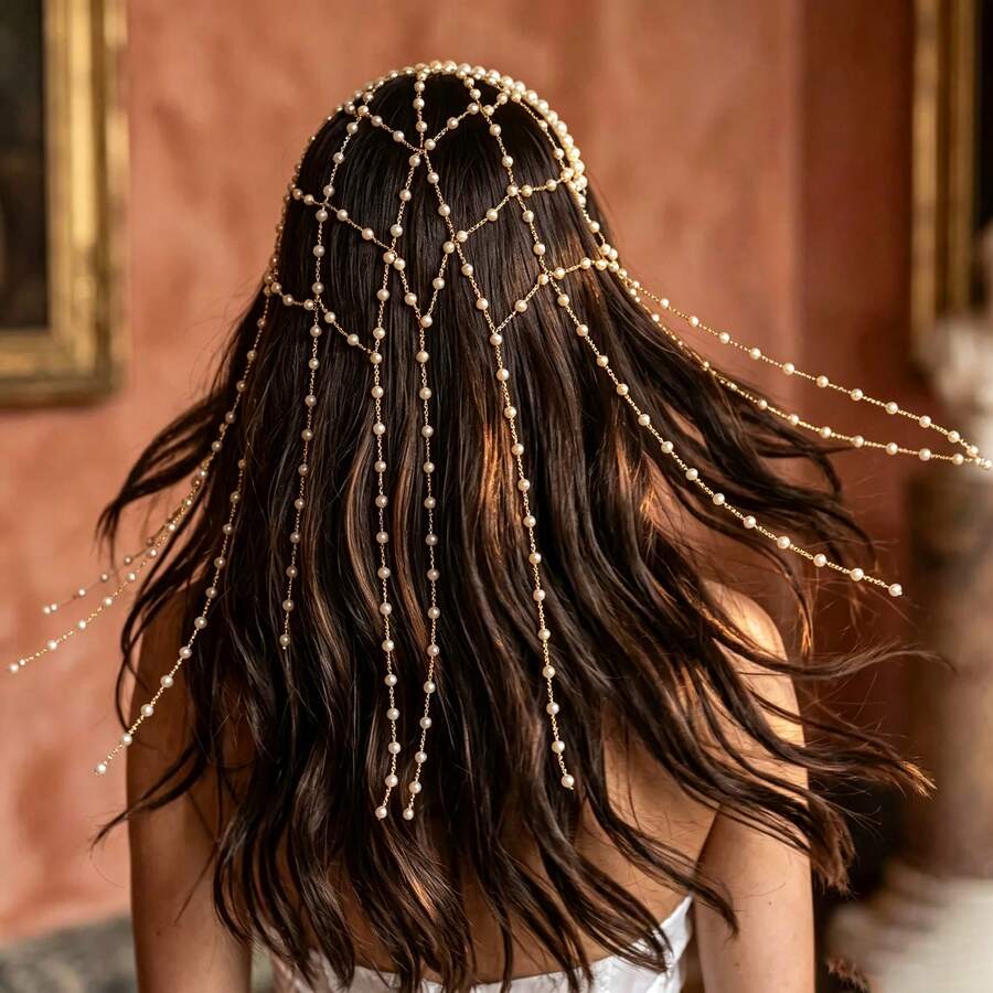 Exquisite Shiny Hollow Mesh Hair Chain Tassel Hair Accessory For Women, Versatile For Banquet And Party - Gold - View 1