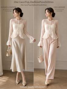 1pc Elegant Lace Long Sleeve Cardigan Top For Women - White - View 2