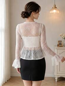 1pc Elegant Lace Long Sleeve Cardigan Top For Women - White - View 7