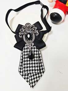 Vintage Houndstooth Bow Tie Necklace, Satin Bow With Rhinestone Decor Neckpiece, Preppy Shirt Collar Accessory - Tie - View 8