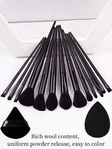 13-Piece Makeup Brush Set + 2 Random Color/Shape Makeup Sponges And Powder Puffs, Soft Makeup Tools Suitable For Eyeshadow, Foundation, BB Cream, Concealer, Blush, Powder, Makeup Brush Set For Women, Makeup Brush Combination, Makeup Brush Gift Box, Random Color - Black - View 3