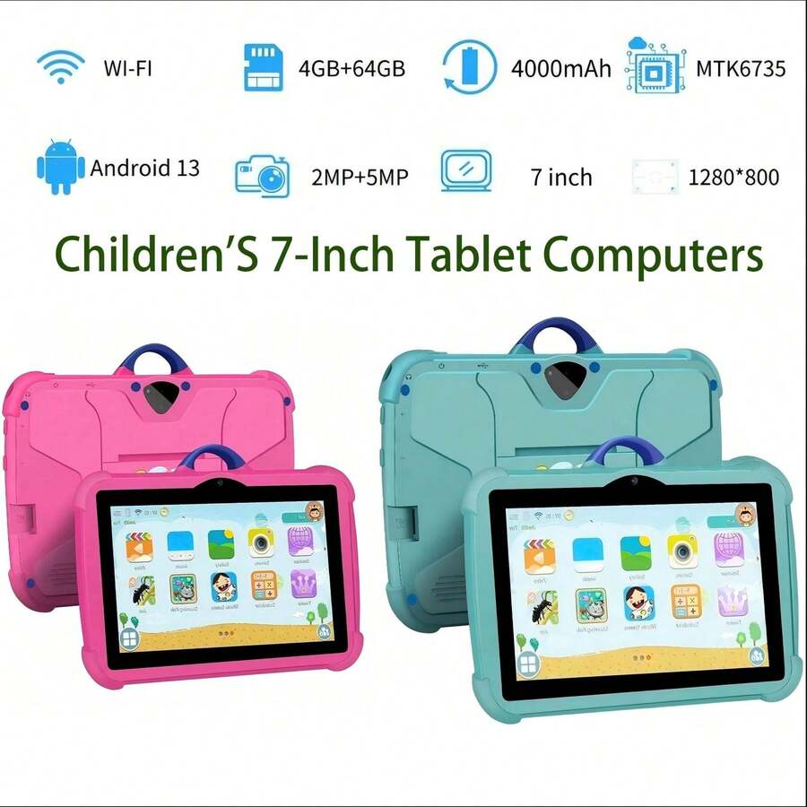 yesido 4GB RAM + 64GB ROM / 7-Inch Tablet / Quad-Core 1.3GHz / Android 13 MTK8321 / 1280x800 HD IPS Screen / 2MP+5MP Camera / 4000mAh Battery / WiFi, Parental Control, Education, Games / ABS Plastic + Silicone, Educational Tablet
