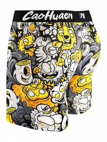 5pcs/Pack New Popular Graffiti Print Men's Long Leg Boxer Briefs, Thin & Breathable - Black - View 5